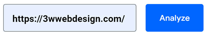 input field for the PageSpeed speed test with 3w Web Design URL entered